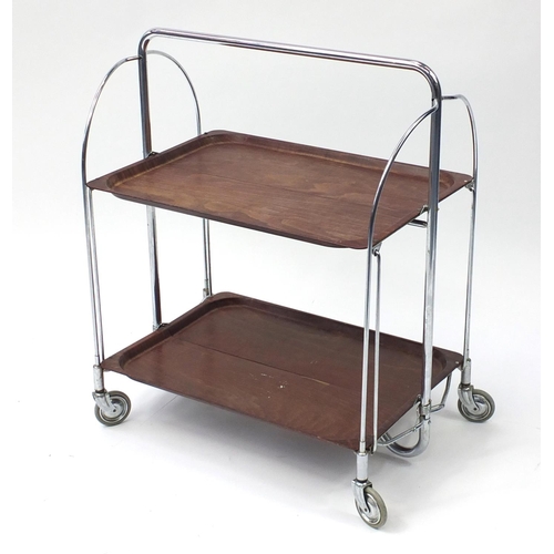 1611 - Mid century chrome and faux rosewood folding trolley by Gerlinol Brenshey Dinett, 78cm H x 67cm W x ... 