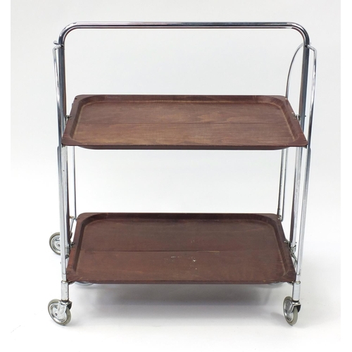 1611 - Mid century chrome and faux rosewood folding trolley by Gerlinol Brenshey Dinett, 78cm H x 67cm W x ... 