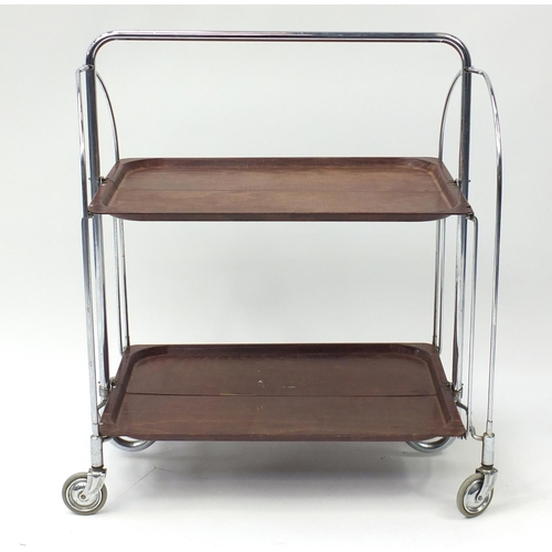 1611 - Mid century chrome and faux rosewood folding trolley by Gerlinol Brenshey Dinett, 78cm H x 67cm W x ... 