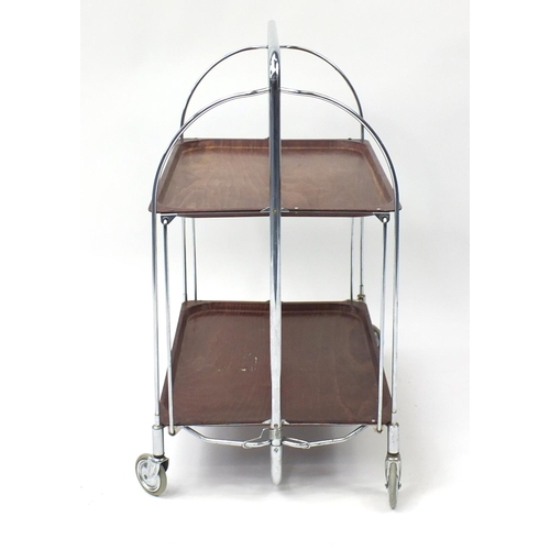 1611 - Mid century chrome and faux rosewood folding trolley by Gerlinol Brenshey Dinett, 78cm H x 67cm W x ... 