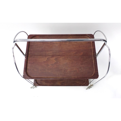 1611 - Mid century chrome and faux rosewood folding trolley by Gerlinol Brenshey Dinett, 78cm H x 67cm W x ... 