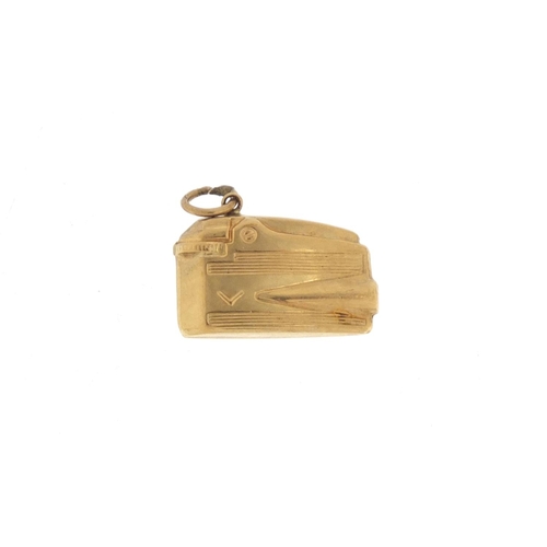 148 - 9ct gold pocket lighter charm, 1.8cm in length, 1.3g