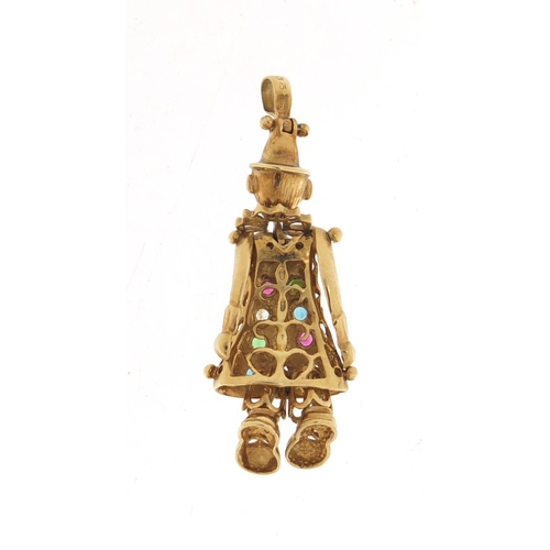 53 - 9ct gold articulated clown pendant, set with colourful stones, 4cm in length, 4.2g