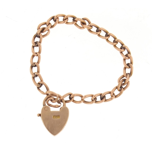 1230 - 9ct rose gold chain with love heart shaped padlock, 10cm in length, 2.6g