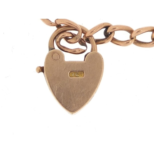 1230 - 9ct rose gold chain with love heart shaped padlock, 10cm in length, 2.6g