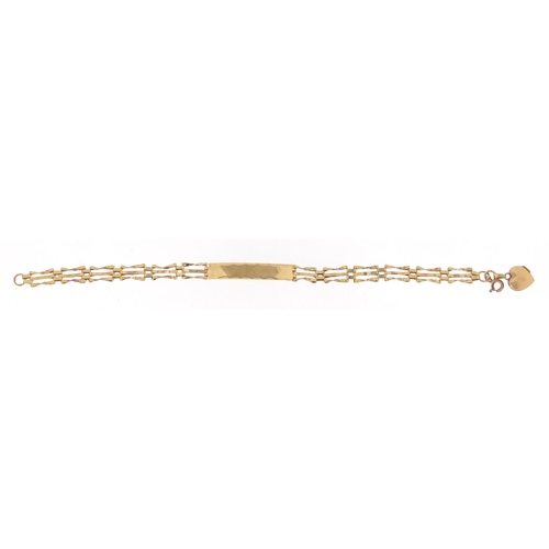 258 - 9ct gold three row gate link identity bracelet, 18cm in length, 4.5g