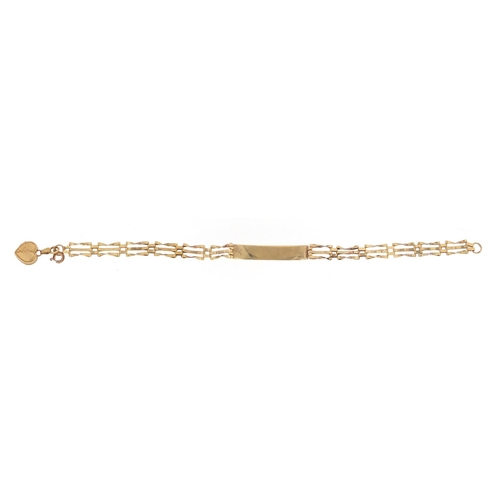 258 - 9ct gold three row gate link identity bracelet, 18cm in length, 4.5g