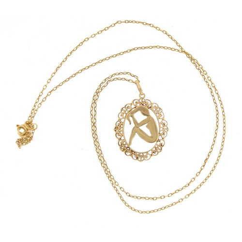 1010 - 9ct gold nude lady pendant, 3cm in length, 1.0g, on a 9ct gold necklace, 2.0g