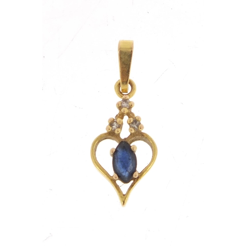 1060 - 9ct gold sapphire and diamond love heart pendant, 2cm in length, 0.6g