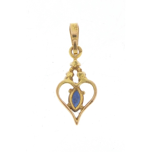 1060 - 9ct gold sapphire and diamond love heart pendant, 2cm in length, 0.6g