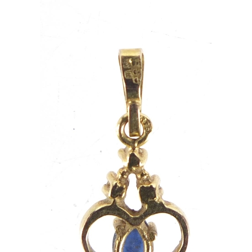 1060 - 9ct gold sapphire and diamond love heart pendant, 2cm in length, 0.6g