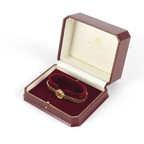 1006 - 9ct gold Bueche Girod ladies wristwatch with 9ct gold strap box and certificate, 18.2g