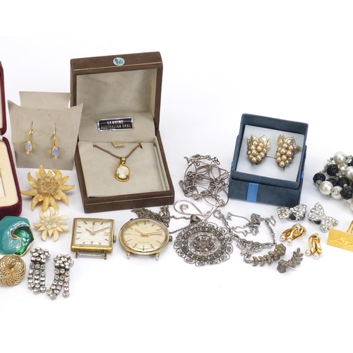 956 - Vintage and later costume jewellery and wristwatches including earrings, silver marcasite necklace, ... 