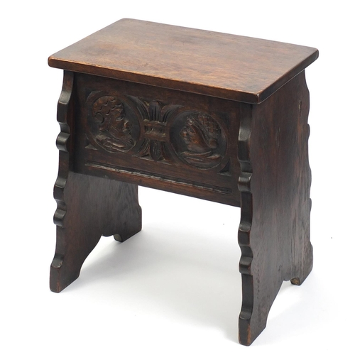 1619 - Carved oak sewing box, 53cm H x 47cm W x 30.5cm D