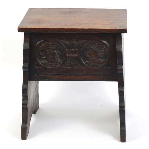 1619 - Carved oak sewing box, 53cm H x 47cm W x 30.5cm D