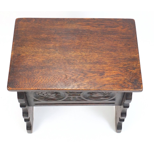 1619 - Carved oak sewing box, 53cm H x 47cm W x 30.5cm D