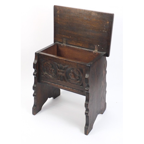 1619 - Carved oak sewing box, 53cm H x 47cm W x 30.5cm D