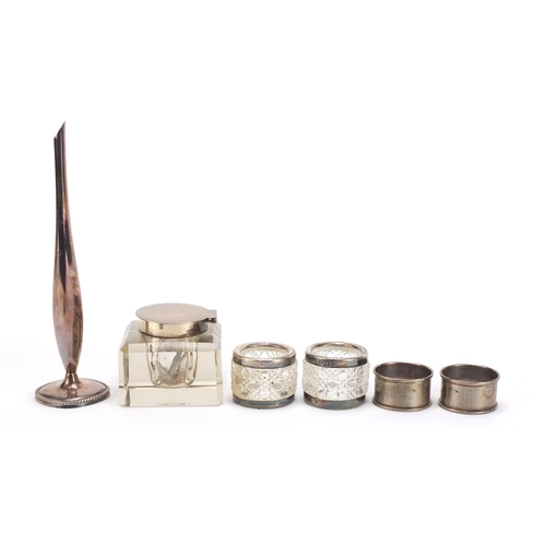 463 - Silver and white metal objects including a silver mounted cut glass inkwell and a pair of hobnail cu... 