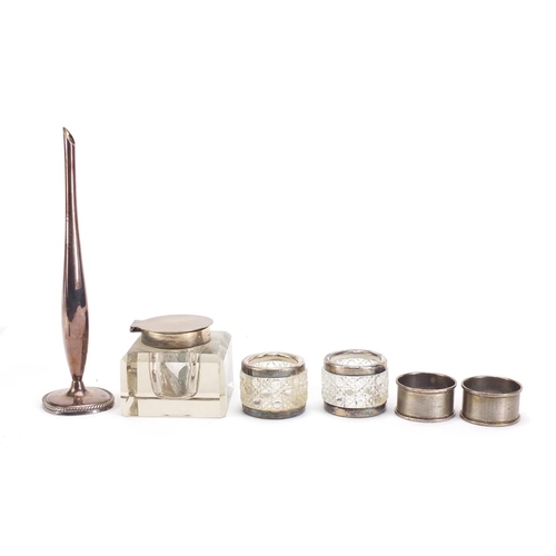 463 - Silver and white metal objects including a silver mounted cut glass inkwell and a pair of hobnail cu... 