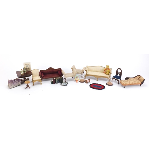 1038 - Hand made doll's house furniture and a half pin doll, including a chaise longue, the largest 18cm wi... 