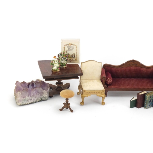 1038 - Hand made doll's house furniture and a half pin doll, including a chaise longue, the largest 18cm wi... 