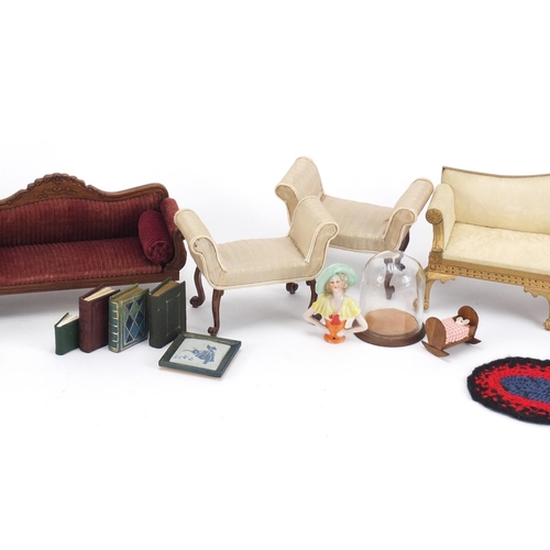 1038 - Hand made doll's house furniture and a half pin doll, including a chaise longue, the largest 18cm wi... 