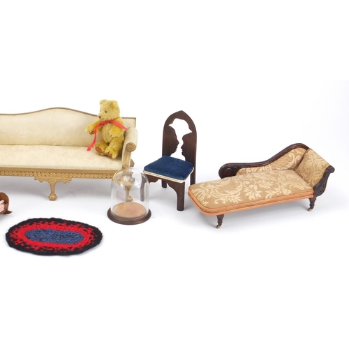 1038 - Hand made doll's house furniture and a half pin doll, including a chaise longue, the largest 18cm wi... 