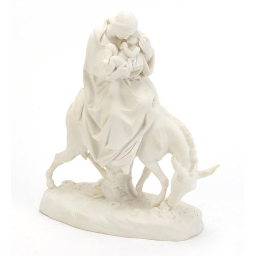 860 - Parian figure group of mother and child on donkey back, 26cm high