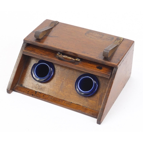 1248 - Victorian oak coal scuttle design inkwell with two ceramic liners, impressed Pat appd for, 16.5cm wi... 