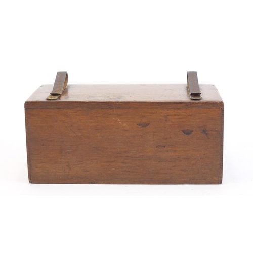 1248 - Victorian oak coal scuttle design inkwell with two ceramic liners, impressed Pat appd for, 16.5cm wi... 