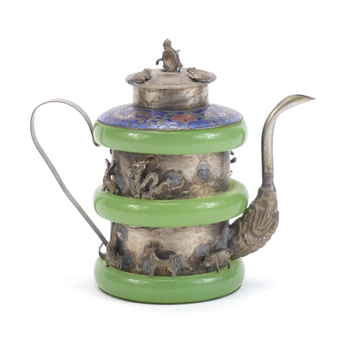 954 - Chinese silver coloured metal teapot with Jadeite bands, enamelled with two dragons, 12cm high