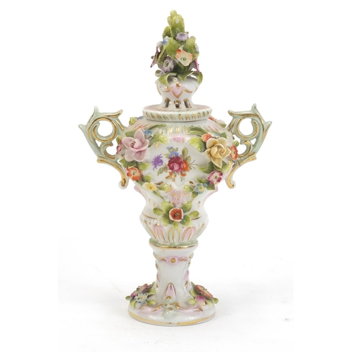 921 - Vienna style floral encrusted porcelain vase with twin handles, 17cm high