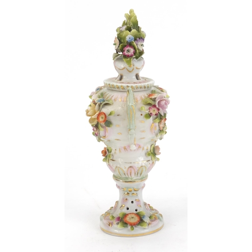 921 - Vienna style floral encrusted porcelain vase with twin handles, 17cm high