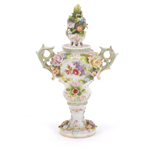 921 - Vienna style floral encrusted porcelain vase with twin handles, 17cm high