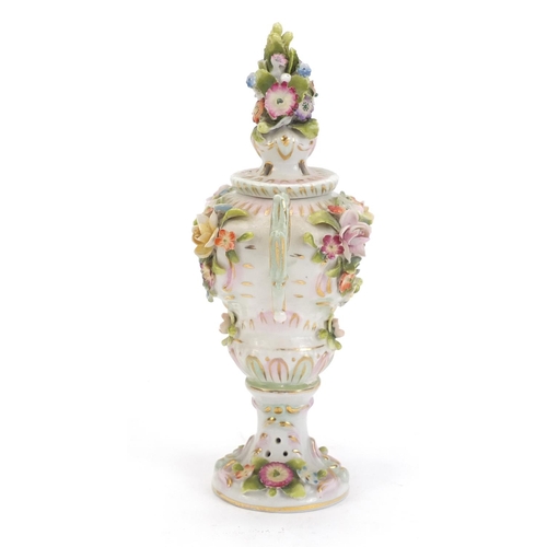 921 - Vienna style floral encrusted porcelain vase with twin handles, 17cm high