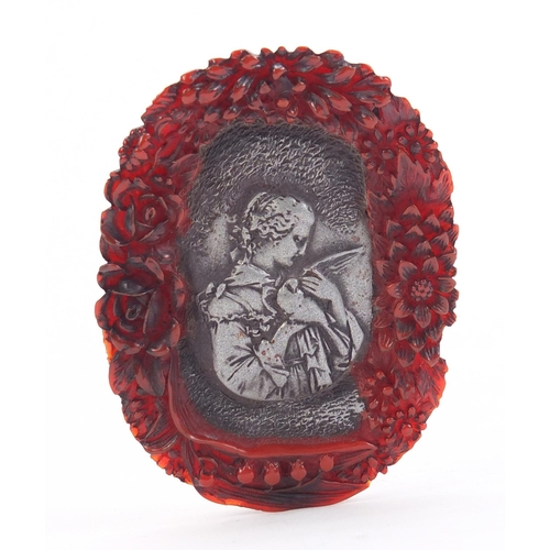 343 - French amber coloured snuff box decorated with a female holding a bird, signed to the base, 7.5cm wi... 