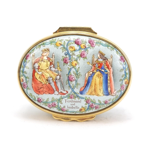 939 - Halcyon Days enamel patch box commemorating Ferdinand and Isabella consolidating their reign with th... 