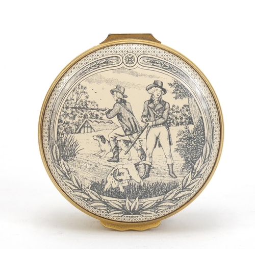 938 - Halcyon Days enamel patch box commemorating James Purdey I, 6.3cm in diameter