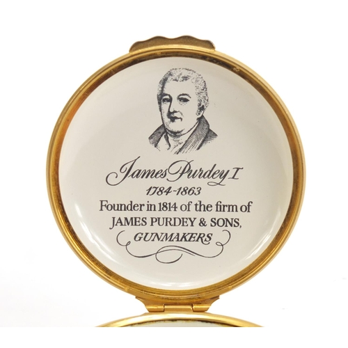 938 - Halcyon Days enamel patch box commemorating James Purdey I, 6.3cm in diameter