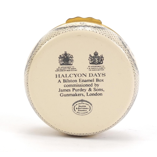 938 - Halcyon Days enamel patch box commemorating James Purdey I, 6.3cm in diameter