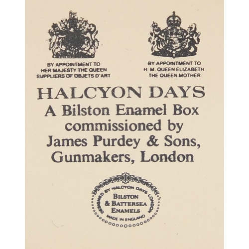 938 - Halcyon Days enamel patch box commemorating James Purdey I, 6.3cm in diameter