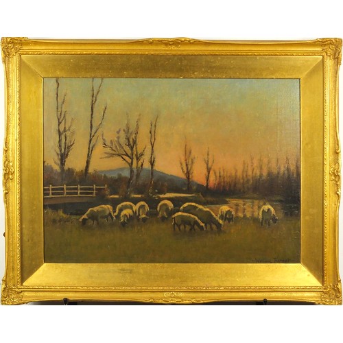 152 - William Turner - When daylight fades, Clatford nr Andover, sheep in countryside with hills, oil on c... 