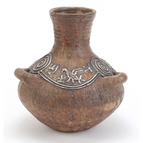 892 - Roman style terracotta vase with three handles having embossed 925 silver overlay, impressed Domar, ... 