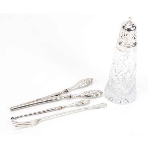 240 - Cut glass sifter with silver lid, silver pickle fork, a pair of glove stretchers and button hook wit... 