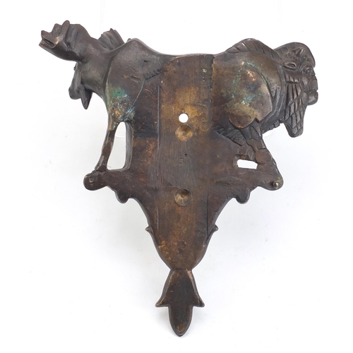 885 - Heavy patinated bronze wall mount of a bison and moose, 23cm high