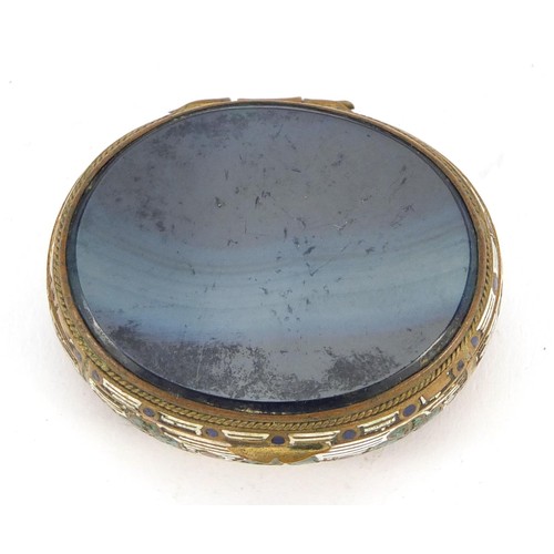 344 - Oval enamelled brass and blue agate patch box with hinged lid, 5cm wide