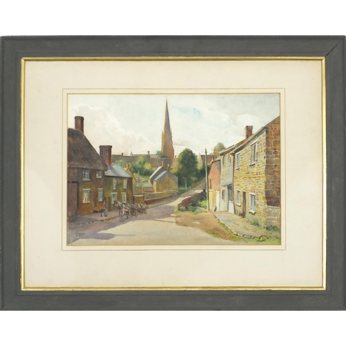 1424 - E Adams - Street scene with horse and cart crossing a bridge, mounted, framed and glazed, 47cm x 33.... 