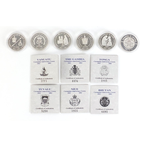 453 - Six silver proof Coronation Anniversary crowns with certificates of authenticity including Conga, Ga... 