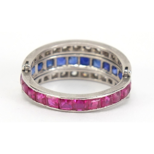 356 - Platinum diamond, ruby and sapphire swivel eternity ring, size J, 5.4g