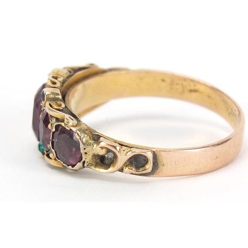 90 - Victorian 9ct gold garnet and greenstone ring, size R, 3.2g